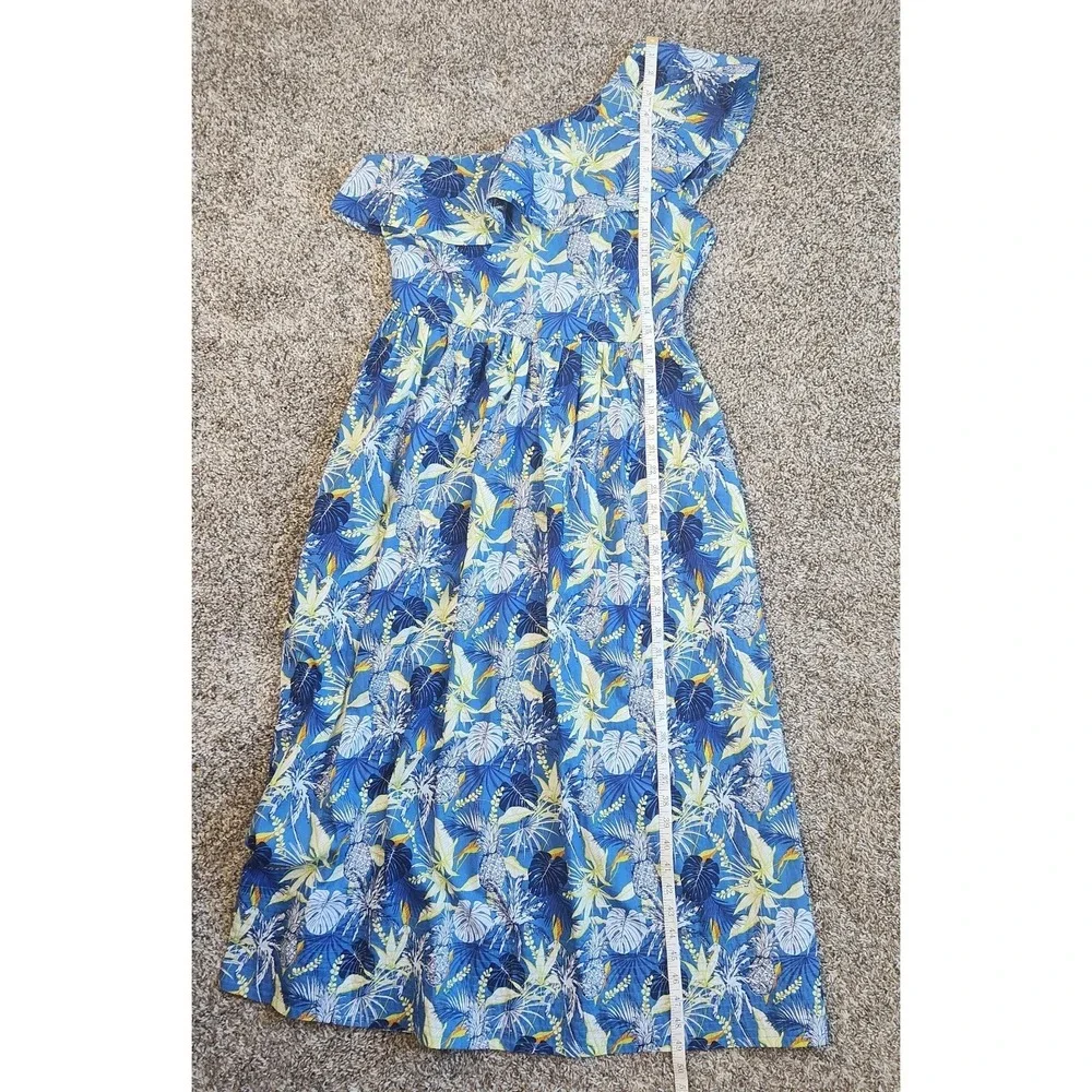 NEW Avara One Shoulder Maxi Dress Women's M Blue Tropical Pineapple Ruffle Trim - Picture 10 of 10